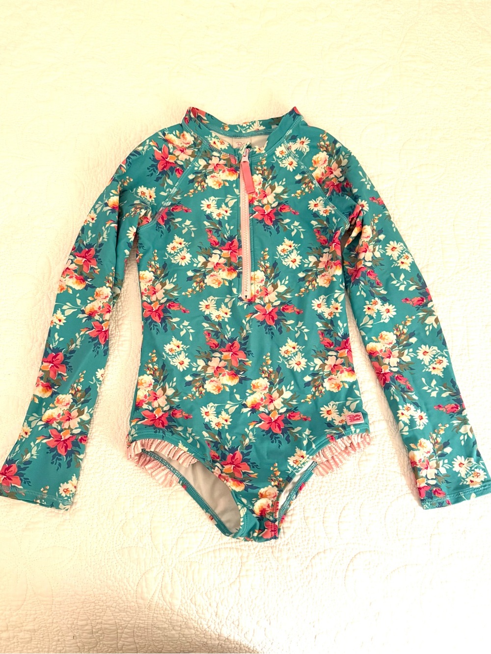 Ruffle Butts Teal Long-Sleeve One-Piece Swimsuit with Pink Accents size 10 large